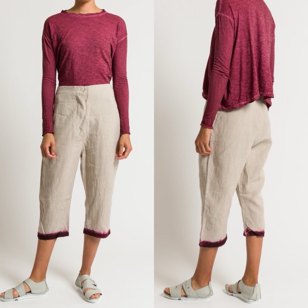 Gilda Midani Beige Linen Cropped Burgundy Bordeaux Dye Dip Tailor Pants - XS